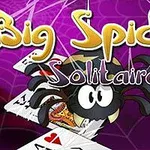 Czarny pająk trzymający karty do gry na tle fioletowej pajęczyny z napisem Big Spider Solitaire