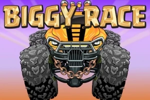 Duży, żółty monster truck z łańcuchami na tle fioletowo-pomarańczowego nieba z napisem BIGGY RACE