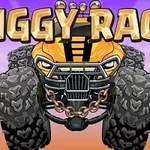 Duży, żółty monster truck z łańcuchami na tle fioletowo-pomarańczowego nieba z napisem BIGGY RACE