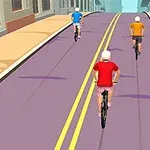 Trzech rowerzystów jedzie po pustej ulicy, jeden w czerwonej koszulce, drugi w pomarańczowej, a trzeci w niebieskiej