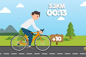 Mężczyzna na pomarańczowym rowerze jedzie po asfalcie, z drzewami i górami w tle, oraz widocznym dystansem 3