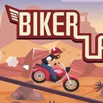 Motocyklista w czerwonym kasku jadący motocyklem po pustynnym krajobrazie z napisem Biker Lane