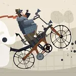 Postać w kapeluszu i z szalikiem jedzie na nietypowym rowerze z kołami różnej wielkości, w tle widoczny jest zarys mostu i drzew