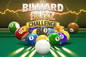 Stół bilardowy z rozrzuconymi kolorowymi bilami i tekstem Billiard Blitz Challenge z błyskawicami w tle