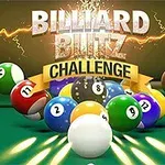Stół bilardowy z rozrzuconymi kolorowymi bilami i tekstem Billiard Blitz Challenge z błyskawicami w tle