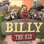 Napis Billy The Kid na tle kreskówkowego Dzikiego Zachodu z postaciami kowbojów i westernowym krajobrazem
