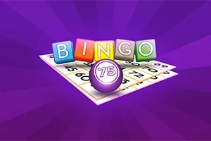 Tęczowe litery układające się w napis BINGO na tle karty bingo i fioletowej kuli z numerem 75 na fioletowym tle