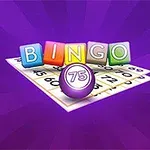 Tęczowe litery układające się w napis BINGO na tle karty bingo i fioletowej kuli z numerem 75 na fioletowym tle