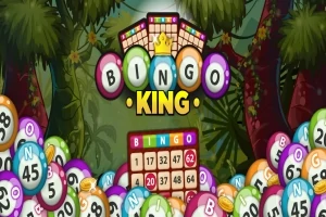 Kolorowe kule z liczbami, plansza bingo i napis Bingo King na tle dżungli
