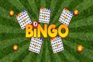 Kolorowe karty bingo ułożone wokół dużego napisu BINGO na zielonym tle z gwiazdkami