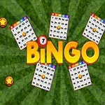 Kolorowe karty bingo ułożone wokół dużego napisu BINGO na zielonym tle z gwiazdkami