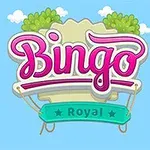 Napis Bingo w stylu kreskówkowym z zielonymi krzakami i chmurkami w tle, na niebieskim tle z napisem Royal na zielonej wstążce