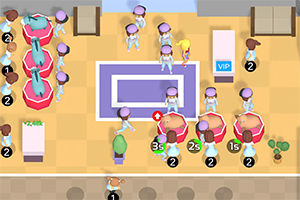 Widok z góry na scenę z animowanymi postaciami w białych strojach wokół stołów w pomieszczeniu z oznaczeniami liczbowymi, ikonką VIP i dekoracyjnymi roślinami