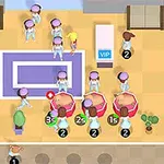 Widok z góry na scenę z animowanymi postaciami w białych strojach wokół stołów w pomieszczeniu z oznaczeniami liczbowymi, ikonką VIP i dekoracyjnymi roślinami