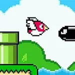 Pikselowy ptak leci w stronę pocisku na tle chmur, rur i zielonych platform z kolcami