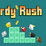 Kolorowe postacie przypominające ptaki skaczące wokół stosu zielonych skrzynek z napisem Birdy Rush na górze