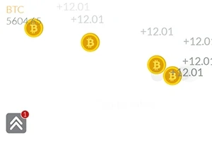 Żółte monety z symbolem bitcoina na białym tle z liczbami wskazującymi wzrost wartości