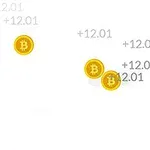 Żółte monety z symbolem bitcoina na białym tle z liczbami wskazującymi wzrost wartości