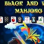 Napis Black and White Mahjong 2 z rzędem płytek mahjonga i grafiką kapelusza z kolorowym wybuchem na tle chmur i niebieskich okręgów