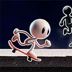 Dwie postacie kreskówkowe na deskorolkach, jedna biała i jedna czarna, skaczą na tle ciemnego nieba