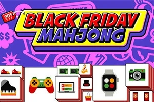 Kolorowy napis „Black Friday Mahjong” na fioletowym tle z ikonami zakupowymi, z kafelkami przedstawiającymi różne przedmioty jak zegarek, aparat i kontroler