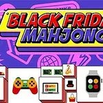 Kolorowy napis „Black Friday Mahjong” na fioletowym tle z ikonami zakupowymi, z kafelkami przedstawiającymi różne przedmioty jak zegarek, aparat i kontroler