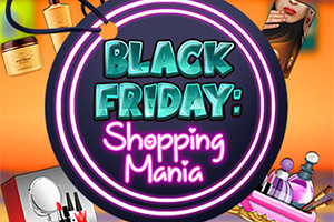 Czarne kółko z napisem Black Friday: Shopping Mania otoczone kolorowymi kosmetykami i perfumami na pomarańczowym tle