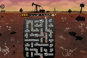 Podziemny labirynt z rurami na tle krajobrazu z pompą naftową i uschniętymi drzewami