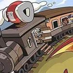 Pociąg parowy z drewnianymi skrzyniami na dachu z postaciami wyglądającymi przez okna wagonu