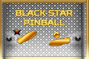 Napis Black Star Pinball na tle z wzorem w romby z widocznymi złotymi łapkami flippera i złotą kulką