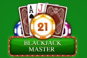 Karty do gry, żetony i napis Blackjack Master na zielonym tle