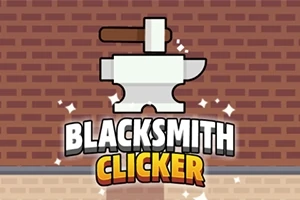 Biały kowadło z młotkiem na ceglanej ścianie z napisem Blacksmith Clicker