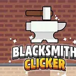 Biały kowadło z młotkiem na ceglanej ścianie z napisem Blacksmith Clicker