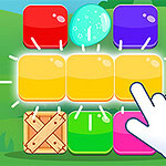 Kolorowe bloki i skrzynka na tle zielonego krajobrazu z ręką wskazującą na jeden z bloków