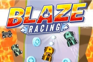 Kolorowe samochody ścigające się po krętej drodze oraz duży napis BLAZE RACING z płomieniem