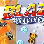 Kolorowe samochody ścigające się po krętej drodze oraz duży napis BLAZE RACING z płomieniem