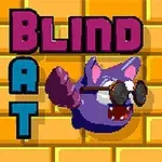 Fioletowy nietoperz w okularach przeciwsłonecznych na tle żółtej ceglanej ściany z napisem BLIND BAT