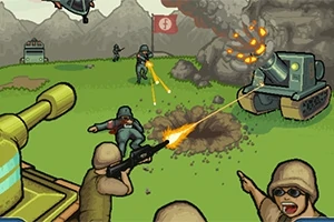 Walka żołnierzy z czołgami i artylerią na polu bitwy, z eksplozjami i flagą w tle