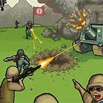 Walka żołnierzy z czołgami i artylerią na polu bitwy, z eksplozjami i flagą w tle