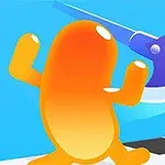 Pomarańczowa postać unika niebieskiego topora na jasnoniebieskim tle z czarno-białą szachownicą na dole