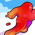 Czerwona, płynna postać biegnąca po białej powierzchni ze wzorem szachownicy, na tle nieba z chmurami