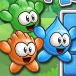 Trzy kolorowe postacie z oczami: zielona, niebieska i pomarańczowa, na tle niebieskich kwadratów