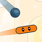 Pomarańczowy prostokąt z oczami porusza się w kierunku niebieskiej kuli na tle żółtych bloków i chmur