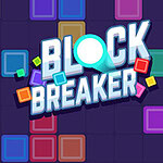 Tekst Block Breaker na tle kolorowych kwadratowych bloków w różnych barwach na granatowym tle