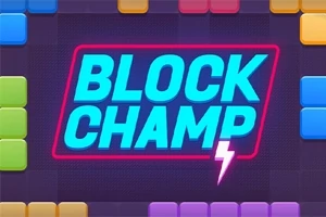 Napis Block Champ na kolorowym tle z geometrycznymi blokami i motywem błyskawicy