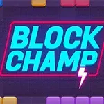 Napis Block Champ na kolorowym tle z geometrycznymi blokami i motywem błyskawicy