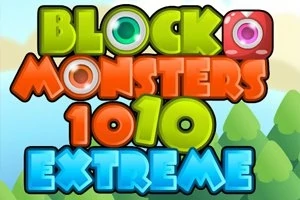 Kolorowy napis „Block Monsters 1010 Extreme” na tle drzew i nieba