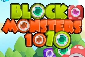 Kolorowy napis BLOCK MONSTERS 1010 z kreskówkowymi oczami na tle zielonych wzgórz