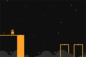 Minimalistyczna postać w kapeluszu stoi na krawędzi pomarańczowej platformy na tle ciemnego nieba z gwiazdami