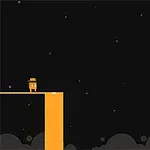 Minimalistyczna postać w kapeluszu stoi na krawędzi pomarańczowej platformy na tle ciemnego nieba z gwiazdami